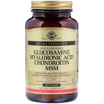 Solgar, glucosamine, acide hyaluronique, chondroïtine et MSM, 120 comprimés