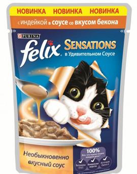 Kediler için Purina Felix Sensations soslu hindi ve domuz pastırması, 100 gr